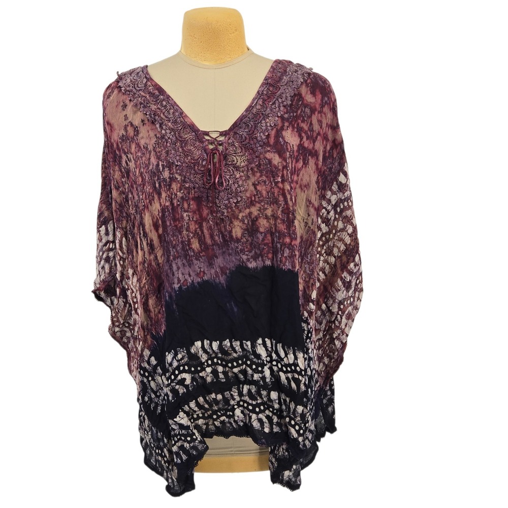 Shoreline Top Women 4XL Tie Dye Batik Lace Trim Boho Caftan Cover Up Vacation